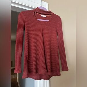 Ces Femme V-Neck Ribbed Sweater in Brick Red